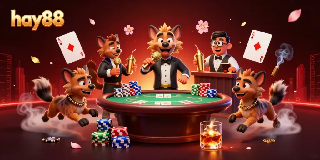 Experience the excitement at hay88 with cartoon hyenas running a comedy casino club, featuring stand-up comedy and drinks.