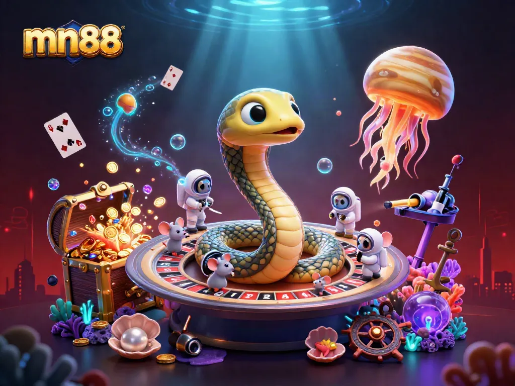 Experience thrilling bets at mn88 with a dynamic cosmic casino scene featuring whimsical characters and treasures.