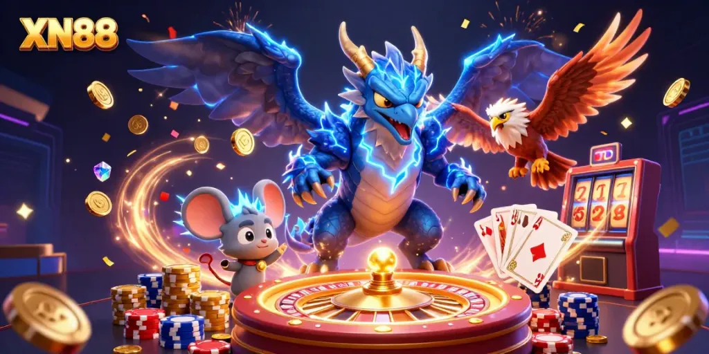 Experience XN88 in this vibrant illustration featuring a thunder dragon, coins, and casino elements.