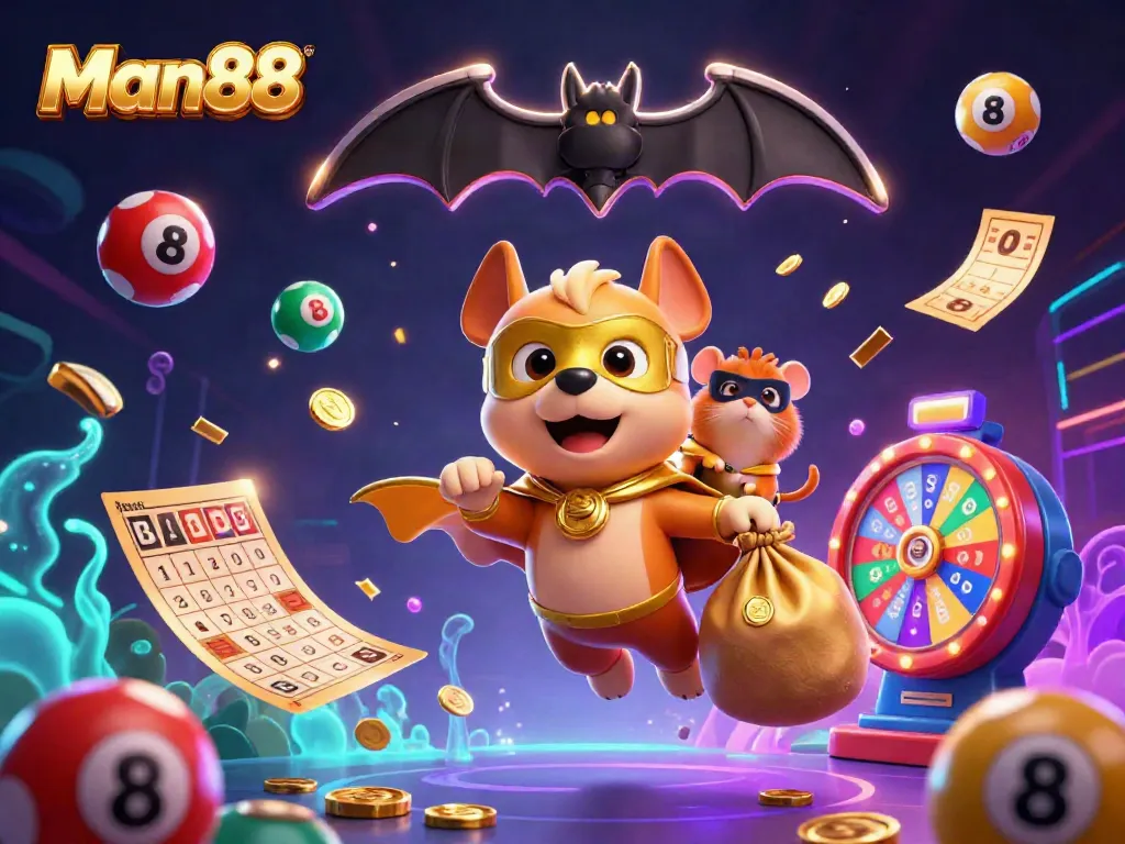 Experience the excitement of Man88 with a cartoon superhero dog and lively gambling elements.