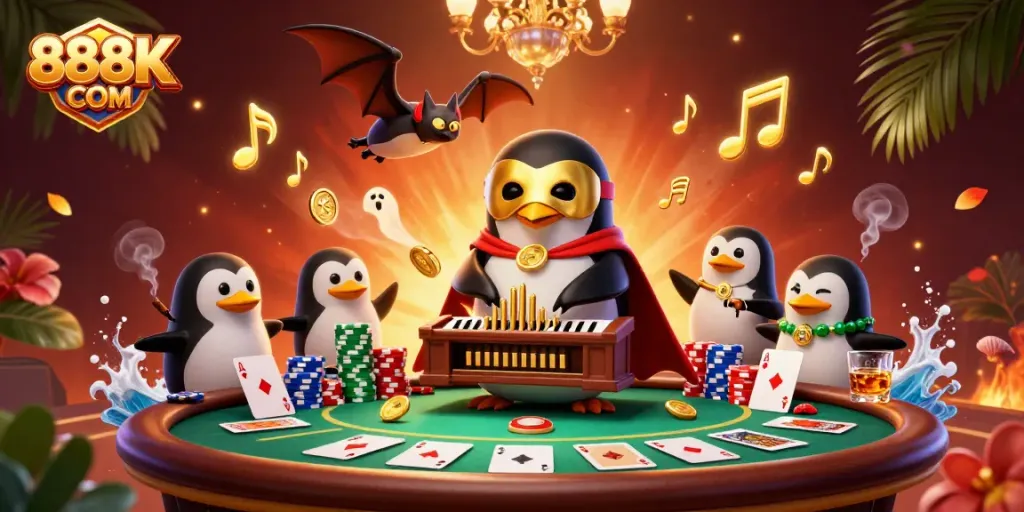 Engage with thrilling action at 888K COM as a penguin plays a golden organ amidst poker excitement.