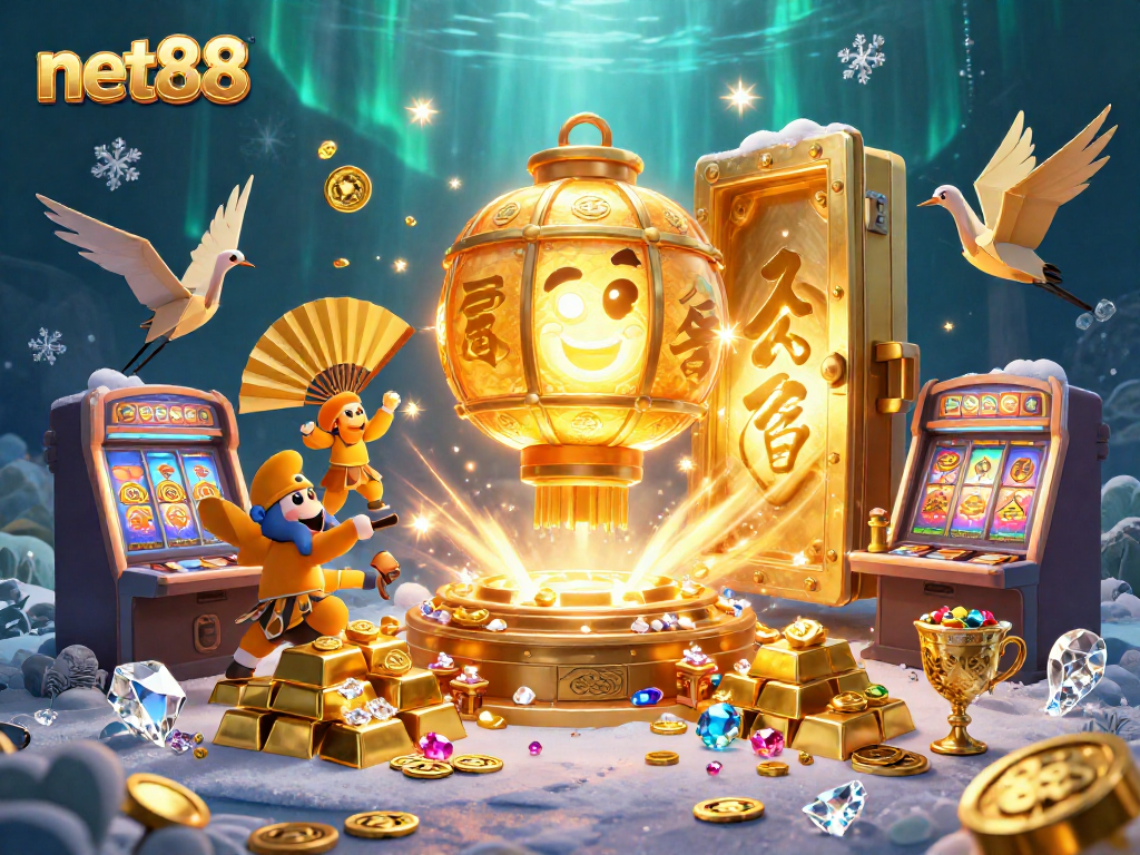 Experience net88’s vibrant casino scene with golden treasures and dynamic characters.