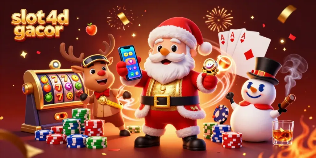 Slot 4D gacor menampilkan Santa dan teman-temannya di kasino dengan slot jackpot yang bersinar.