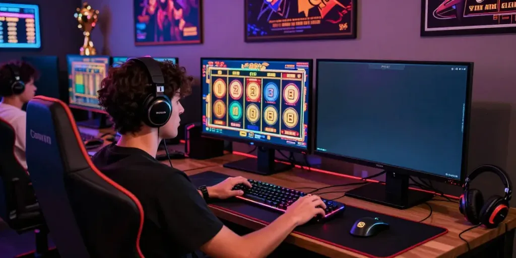 Exciting gaming atmosphere highlighting situs gacor slot gameplay with vibrant screens, accessories, and an engaged player.