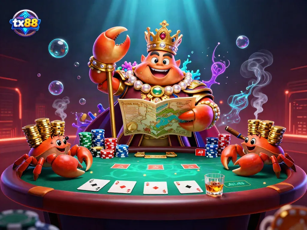 Engage in tx88 gaming with a golden crab emperor overseeing poker excitement in a stunning casino scene.