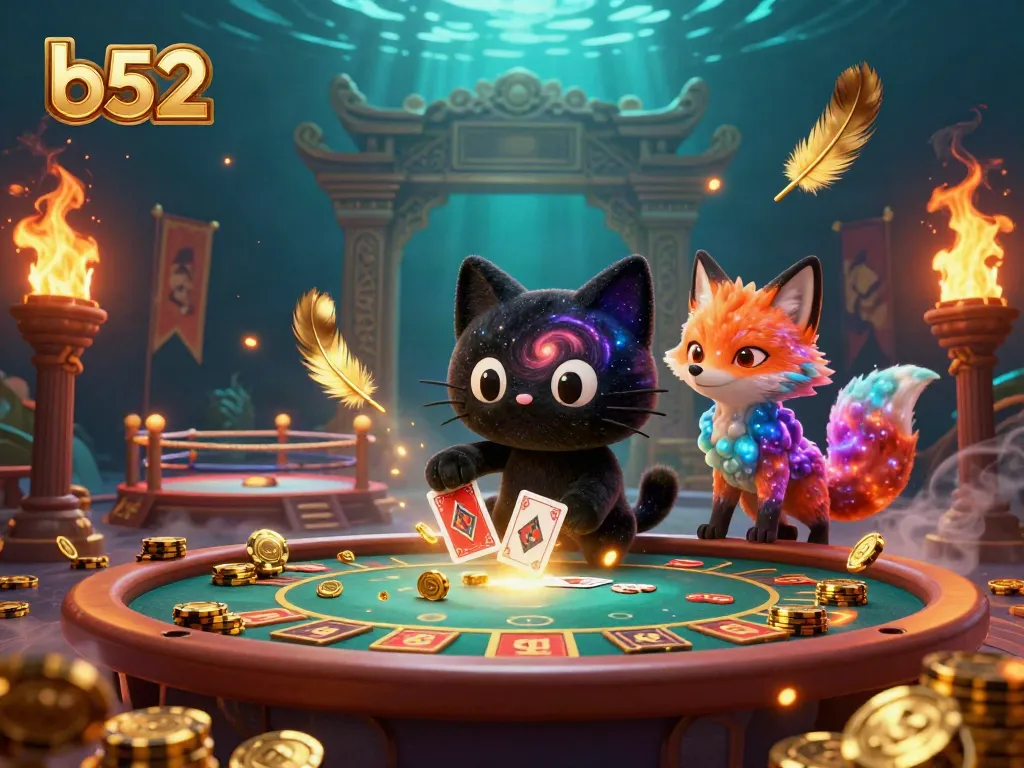 Experience the b52 cosmic casino scene with a black hole cat and nebula fox amid swirling gold chips.