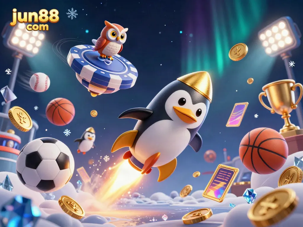Experience thrilling online gaming at jun88 com with a golden penguin and casino elements in a dynamic cosmic scene.