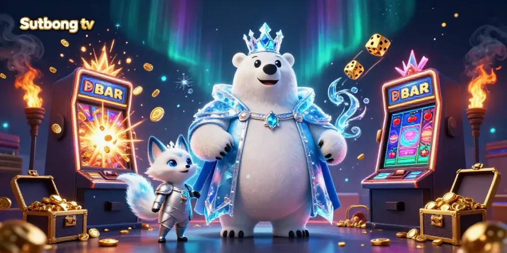 Sutbong tv showcases an engaging 3D illustration of an ice king polar bear with a snow fox in armor amidst vibrant slot machines, creating an energetic atmosphere.