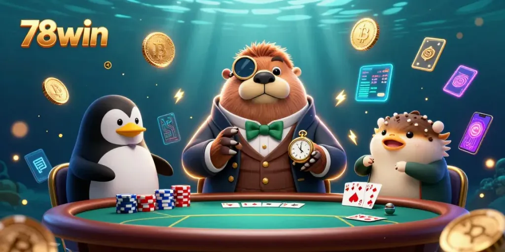 Engage with 78win's underwater poker scene featuring charismatic characters and dynamic crypto elements.