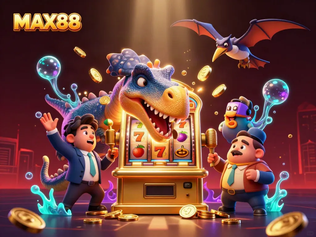 MAX88 showcases a pachycephalosaurus triumphantly triggering a jackpot at a dynamic casino scene.
