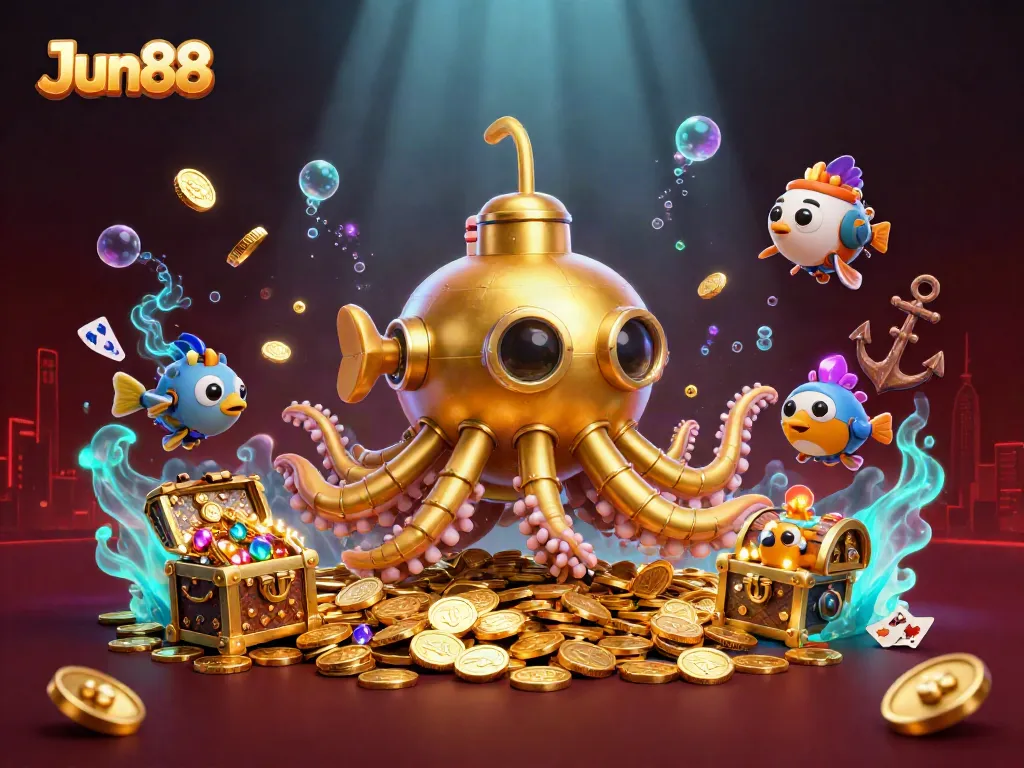 Explore exciting gaming at Jun88 with a golden kraken submarine amidst treasures and vibrant cards.