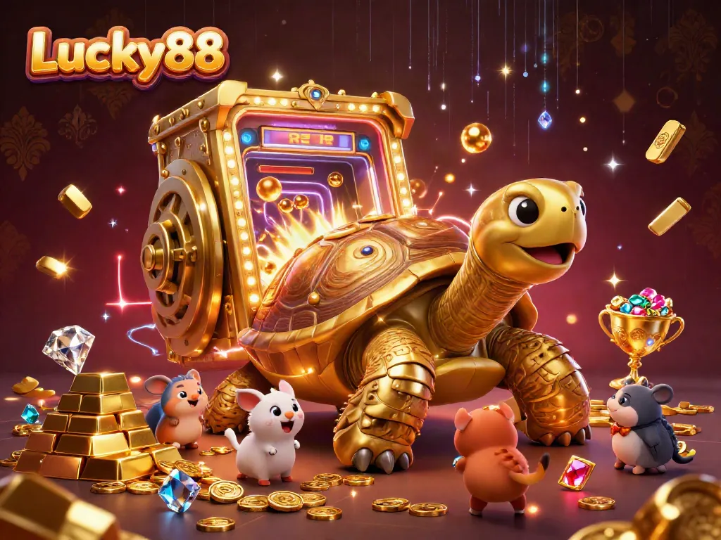 Lucky88 offers a vibrant gaming experience with a golden tortoise pinball machine filled with treasures.