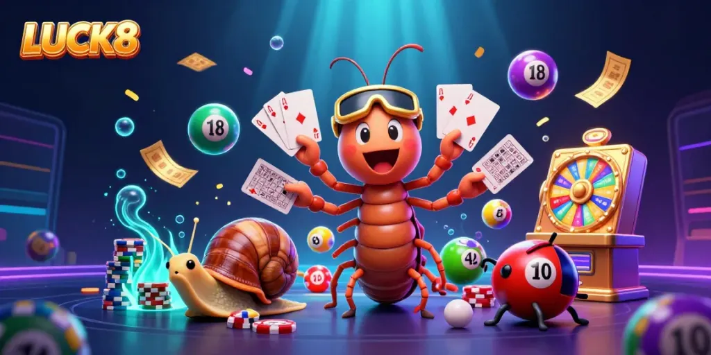 Experience LUCK8 with a whimsical 3D illustration featuring a cartoon millipede dealer and vibrant game elements.