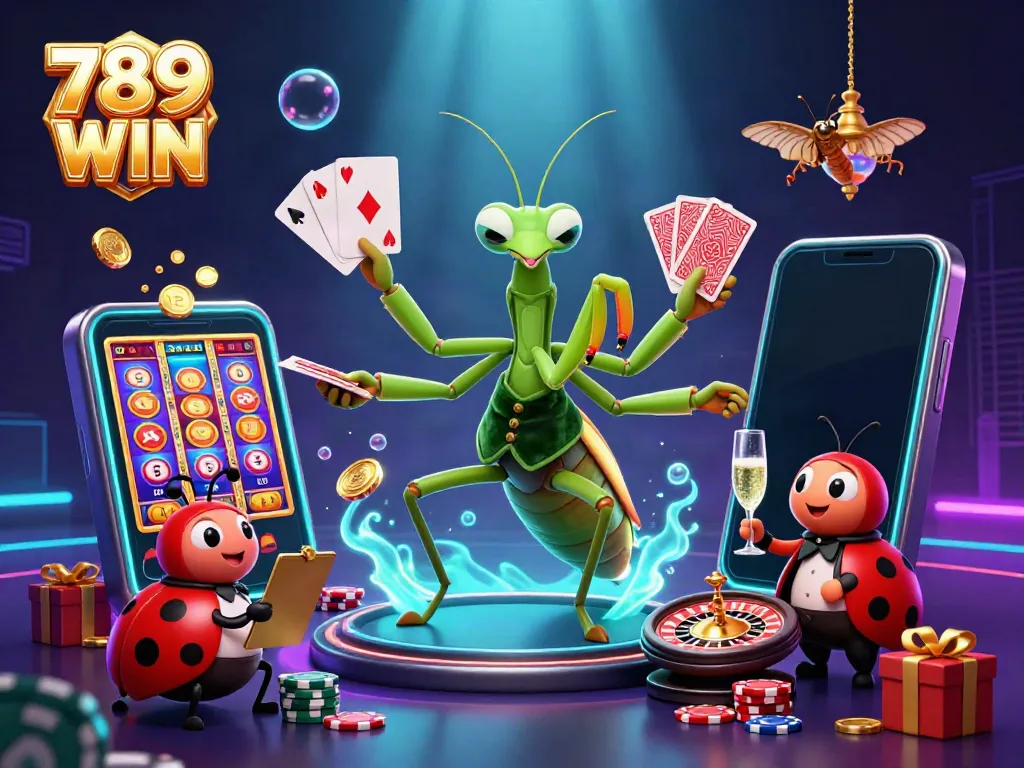 Experience 789 WIN's thrilling atmosphere with a detailed 3D casino scene featuring unique characters and games.