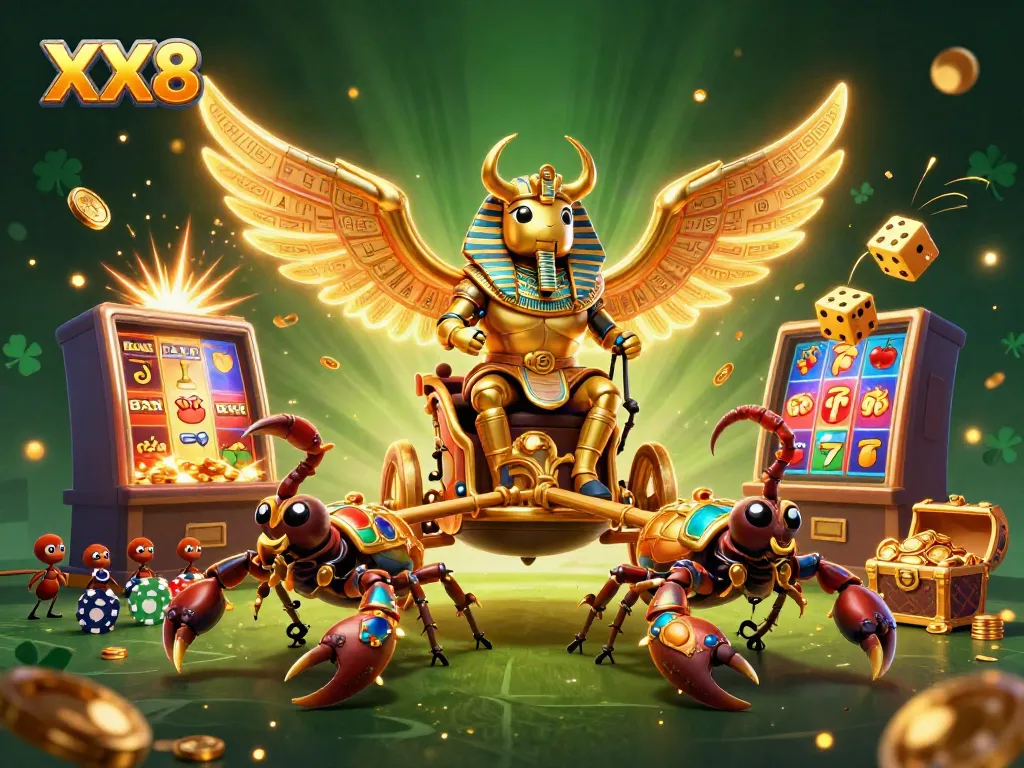 Experience winning moments with XX8 as the golden scarab and scorpions celebrate casino jackpots.