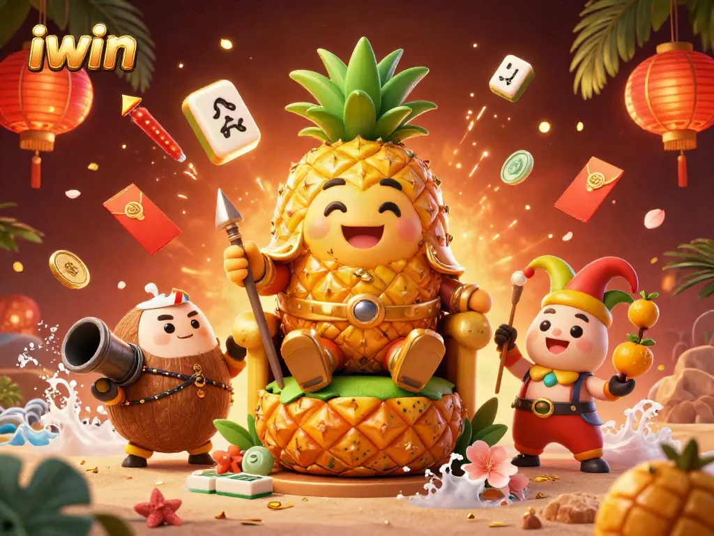 Experience vibrant gameplay with iwin's lively casino scene featuring a whimsical pineapple king and dynamic game elements.