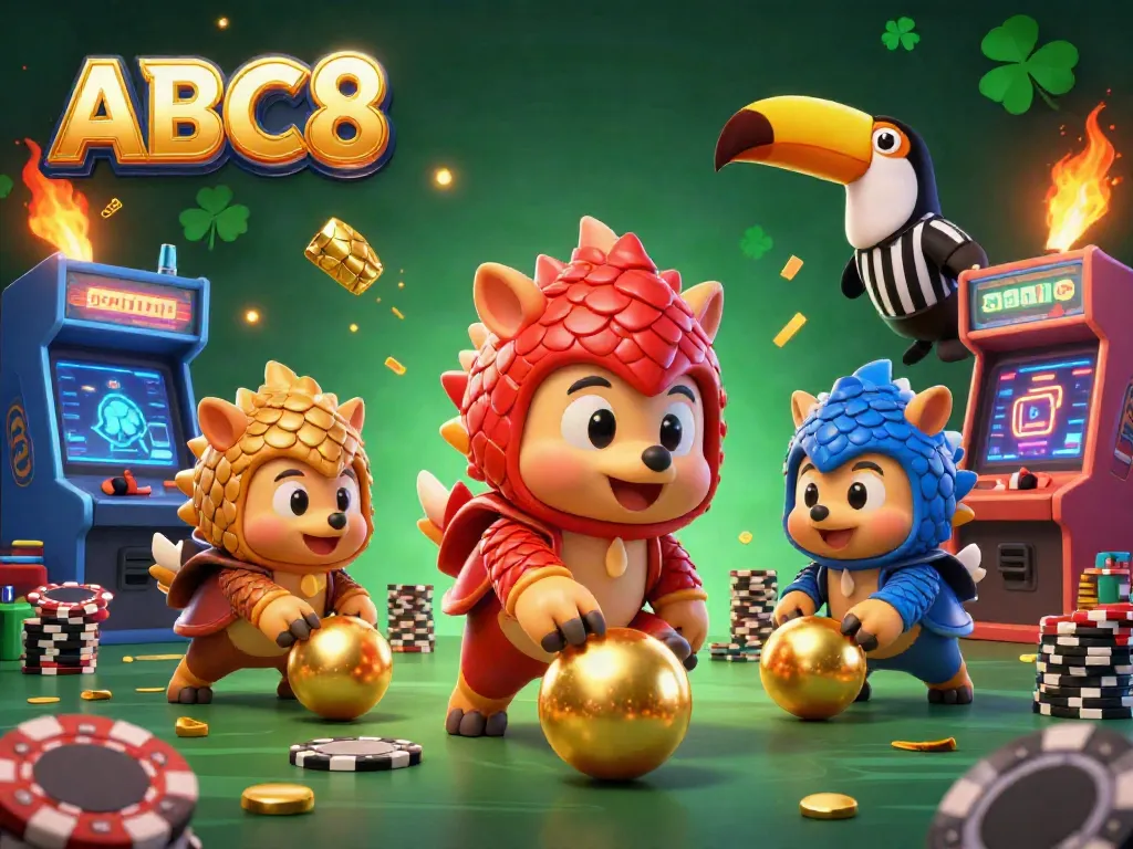 ABC8 pangolins roll jackpot balls and poker chips in a vibrant casino scene with arcade elements.