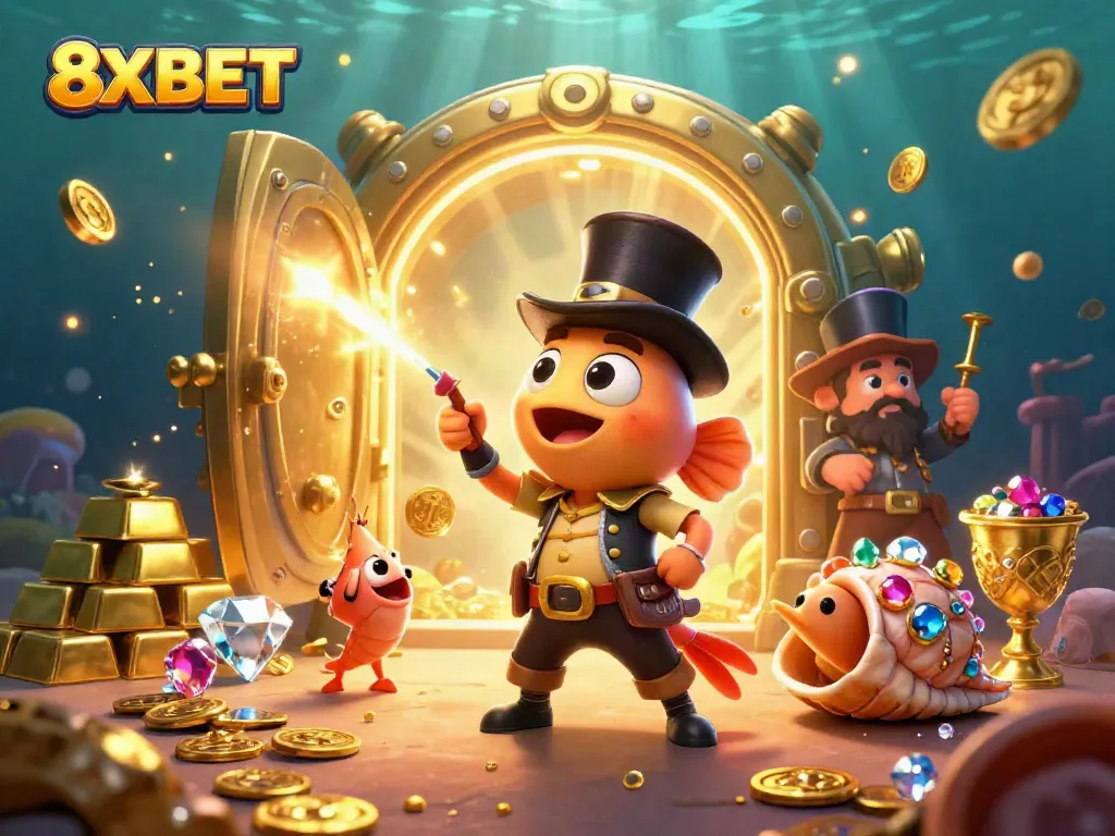 Engage with 8XBET's thrilling underwater adventure, featuring cartoon characters attracting riches.