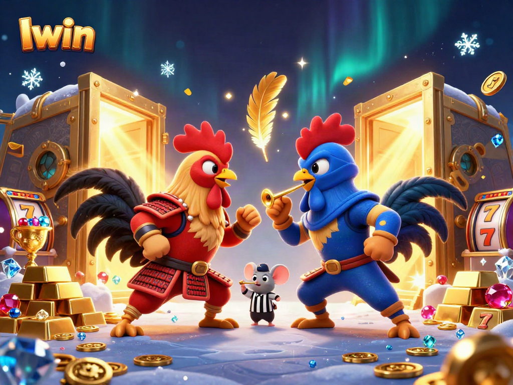 Iwin showcases thrilling casino action with twin fighting roosters in a vibrant 3D illustration.