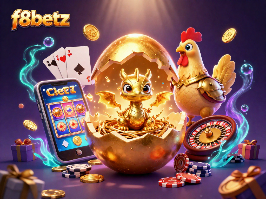Engage with f8betz as a golden dragon emerges from a nest of chips amidst dynamic casino elements.