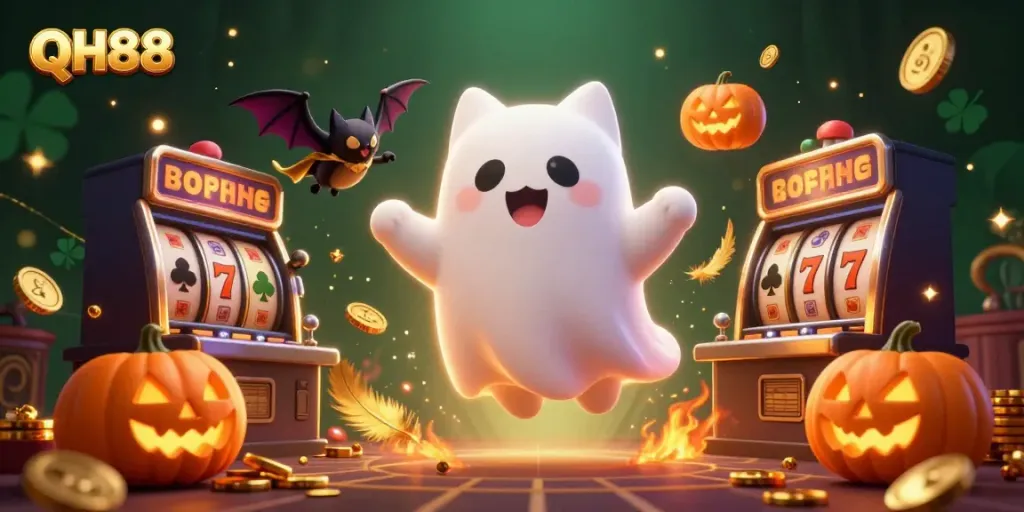 Experience thrilling moments at QH88 with a lively casino scene featuring a ghostly cat and a bat.