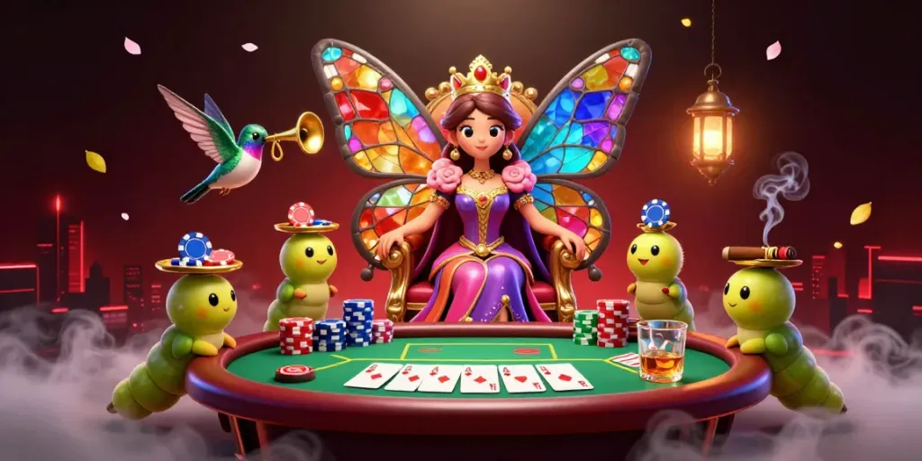 Experience the enchanting world of ABC8's casino with the vibrant butterfly queen in a vibrant poker scene.