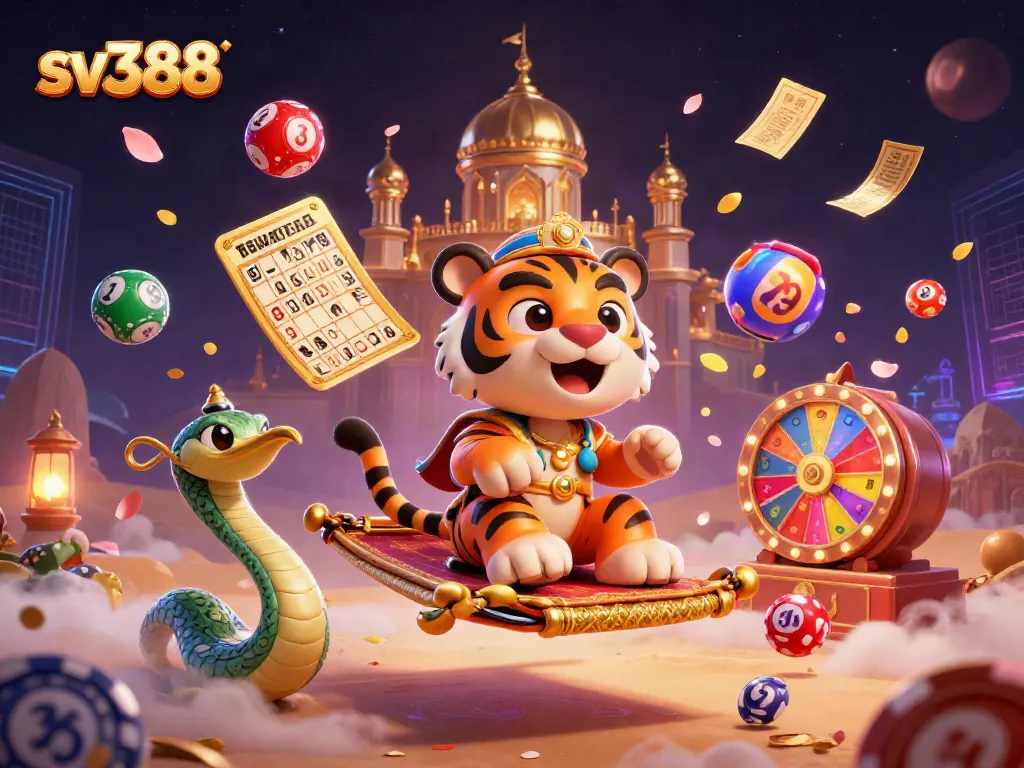 Experience the excitement of SV388 with a dazzling sultan riding a carpet of poker chips among dynamic gaming elements.