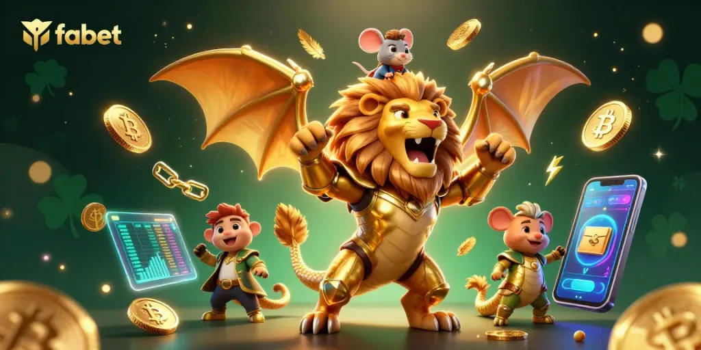 Experience thrilling wins at fabet with a golden chimera and crypto elements in a vibrant casino scene.