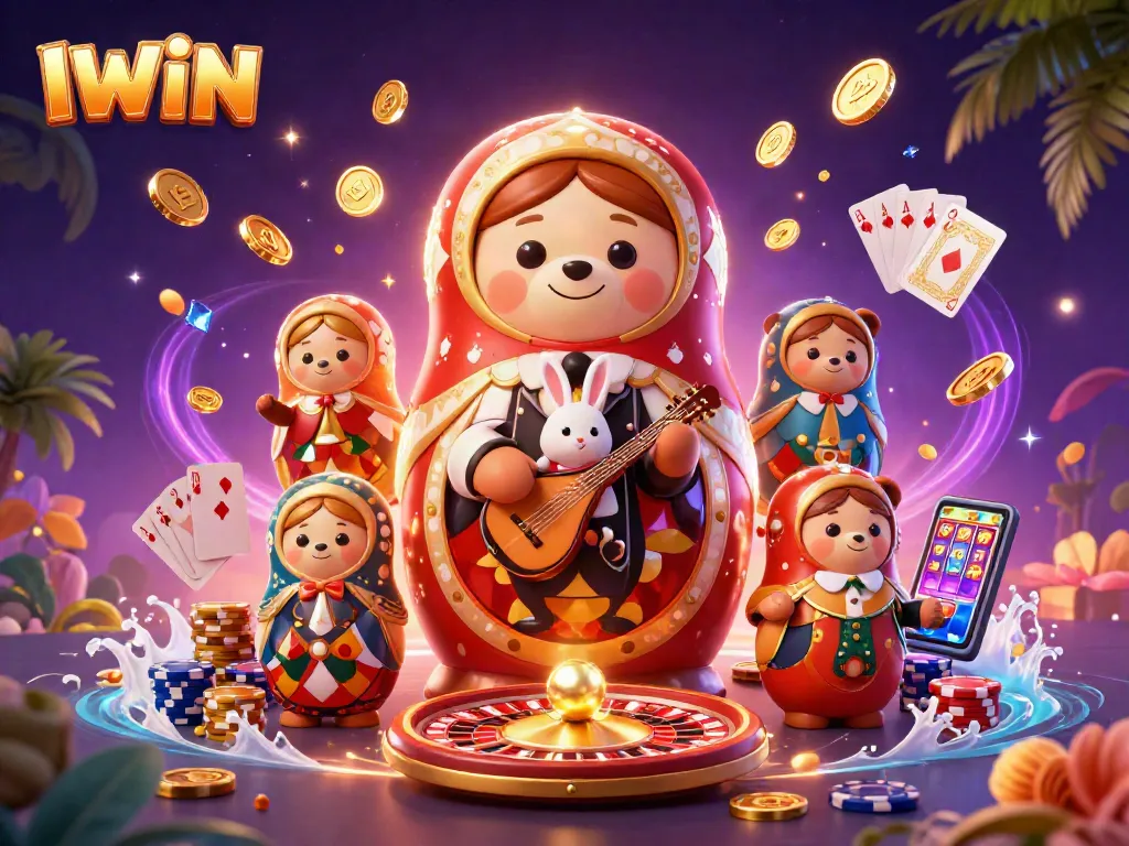 IWIN showcases a fun casino-themed scene with dazzling elements for gamblers, featuring playful characters.