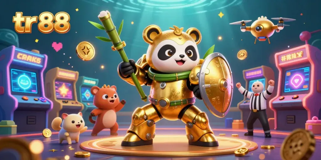 Experience thrilling gameplay with tr 88 as a golden panda pilots a fighting robot amidst vibrant casino elements.