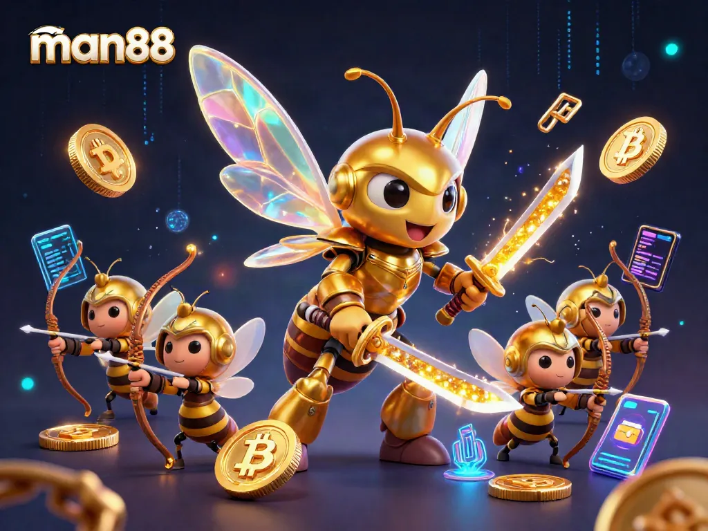 Engage with man88's thrilling casino experience, featuring a dynamic 3D illustration of a golden hornet samurai and crypto elements.