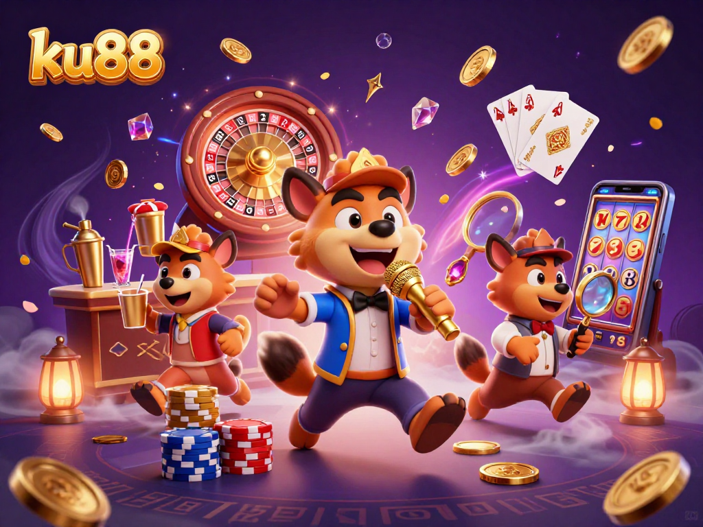 Experience fun with ku88 at the vibrant comedy casino club with hyenas enjoying games and laughter.