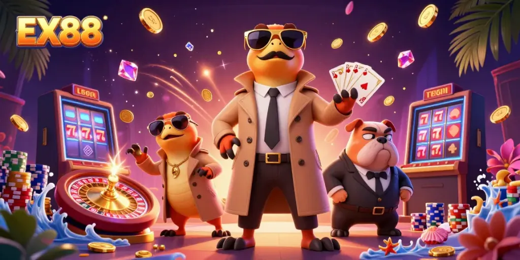 Excited characters at EX88's VIP lounge entrance, blending humor and casino excitement.