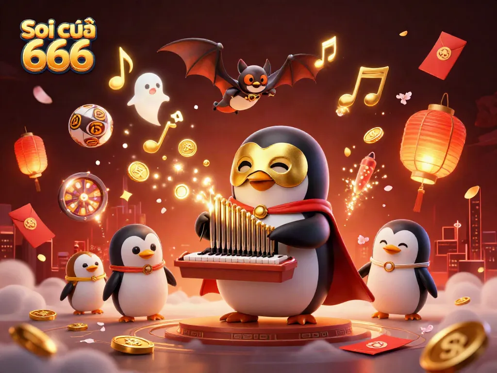 Soi cầu 666 penguin playing a pipe organ with golden coins, surrounded by festive lottery elements