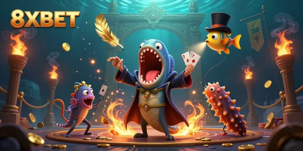 Experience the excitement of 8XBET with a lively underwater gambling-themed 3D scene featuring unique sea creatures.