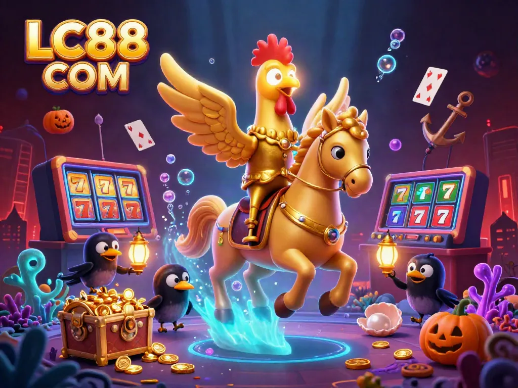 Experience the vibrant LC88 COM casino scene with golden rooster and glowing treasures.