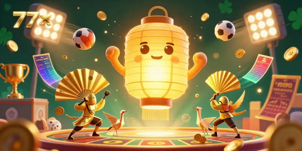 Engage in thrilling gaming at 777x, where a glowing golden lantern spirit and paper fan warriors illuminate the casino.