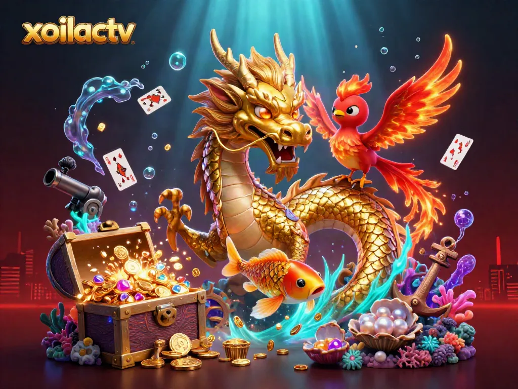 Experience thrilling gameplay with xoilactv's stunning casino illustration featuring a dragon and phoenix.