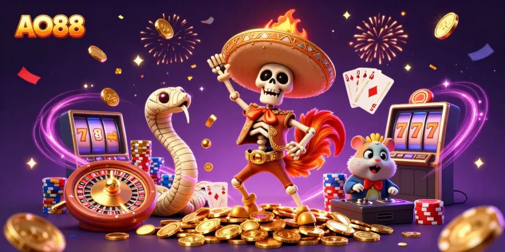 Engage in thrilling gameplay at AO88 with a vibrant 3D casino celebration featuring gold coins, roulette, and cards.