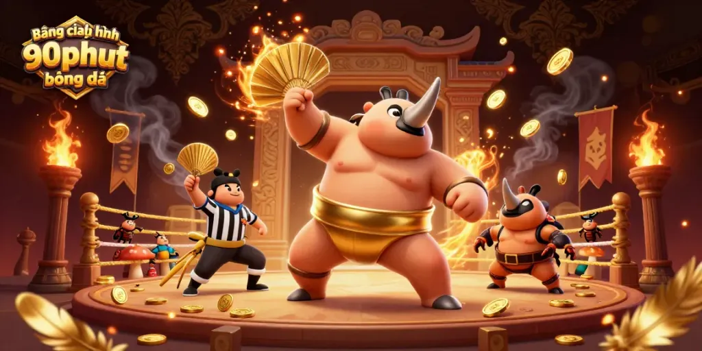Bảng xếp hạng 90phut bóng đá showcases an exciting sumo wrestling match with vibrant casino elements.