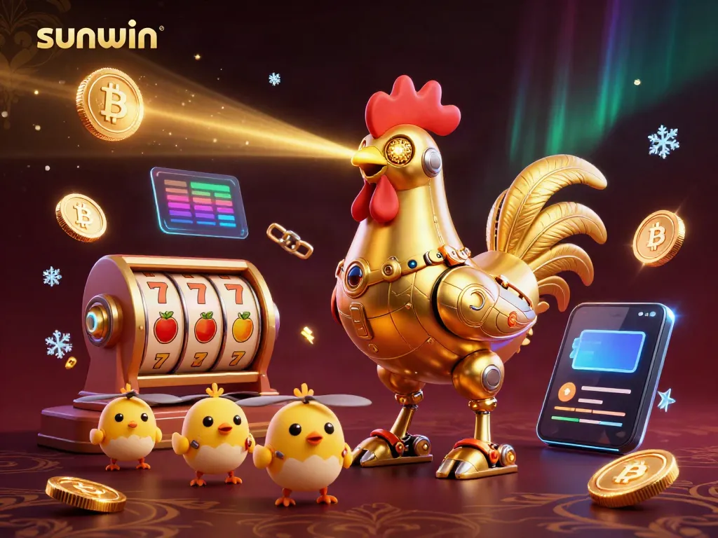 Spin to win with sunwin in a vibrant casino scene showcasing a golden rooster robot amidst dynamic game elements.