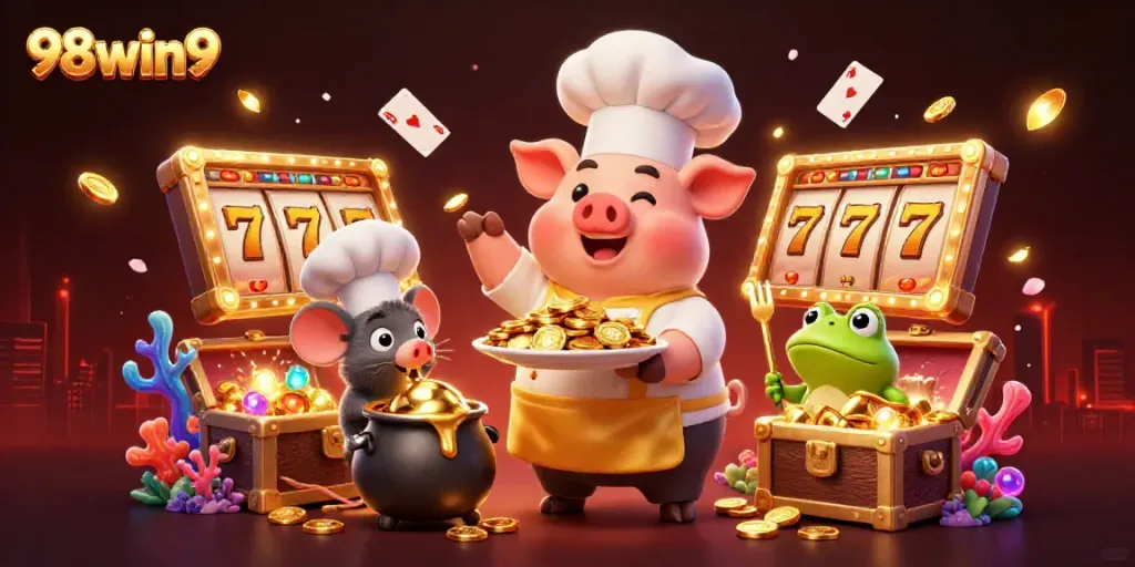 Experience the thrill of 98win9 with a lively casino scene featuring characters and dynamic elements.