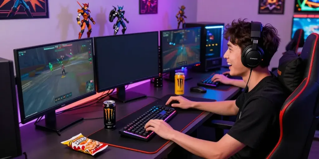 Energetic gamer at desk with multiple monitors playing kilat 404 games