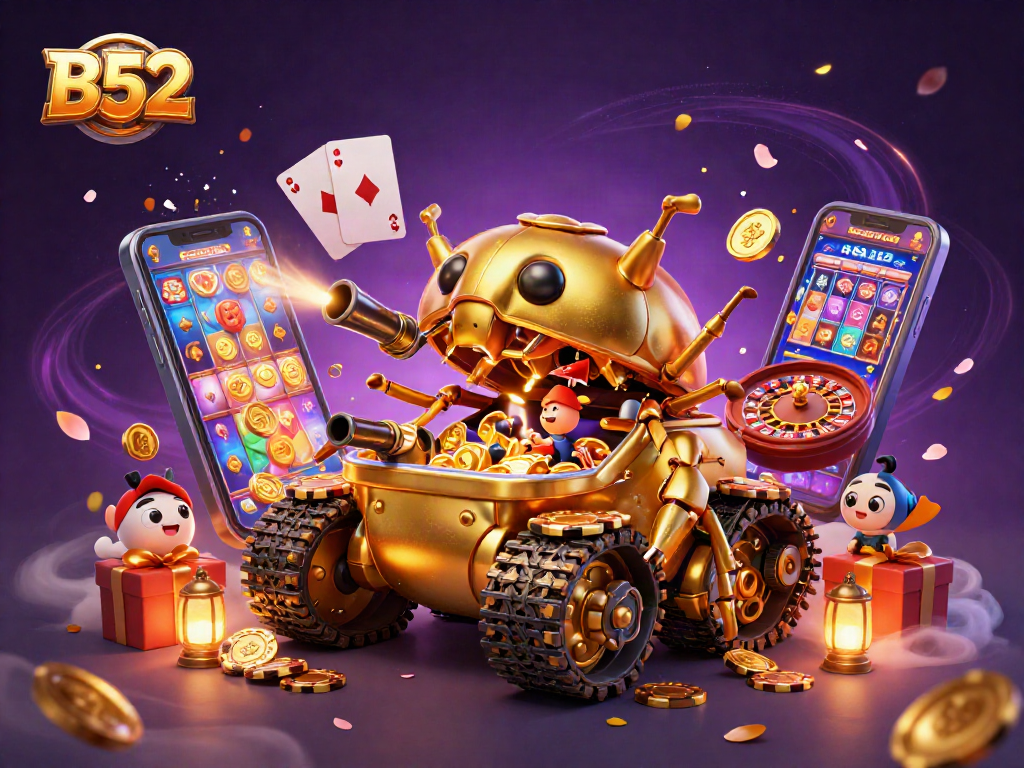 B52-themed casino scene showcasing a golden beetle tank with mini casino and vibrant gaming elements