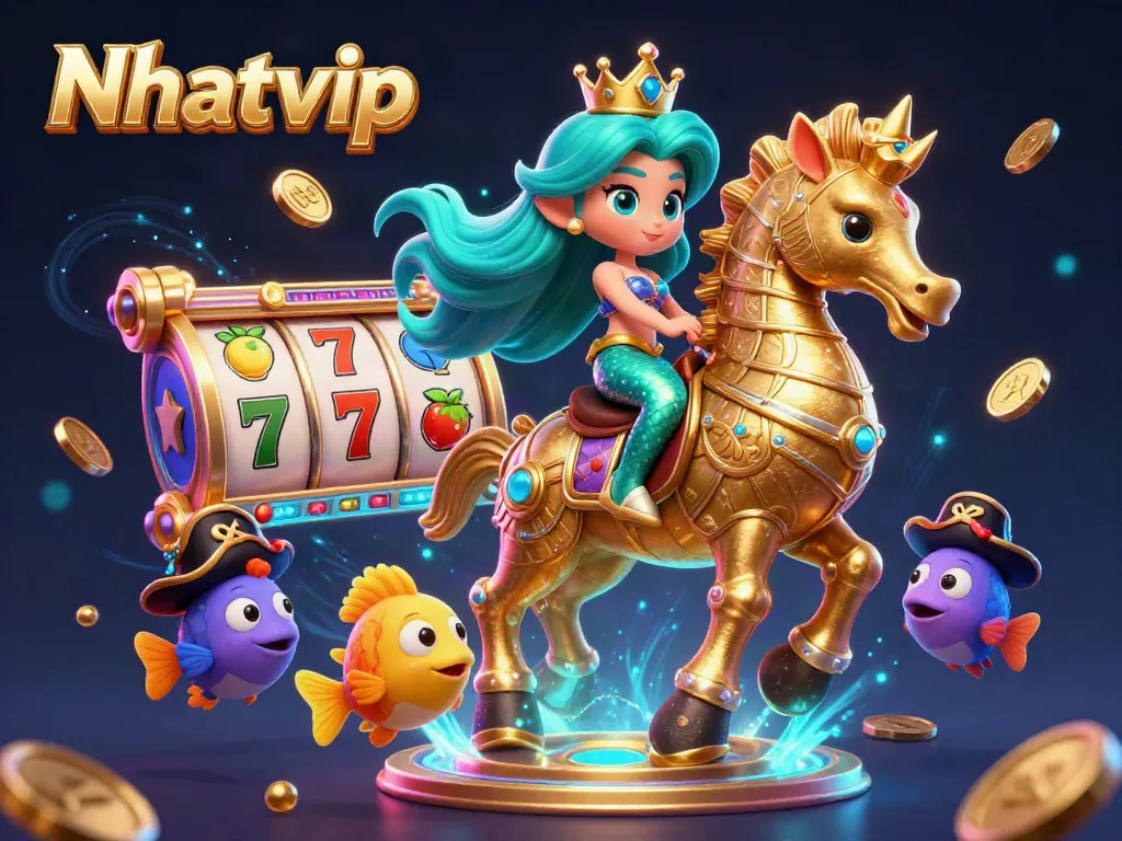 Nhatvip mermaid princess riding a seahorse amidst vibrant slots-themed gaming elements in a dynamic casino setting.