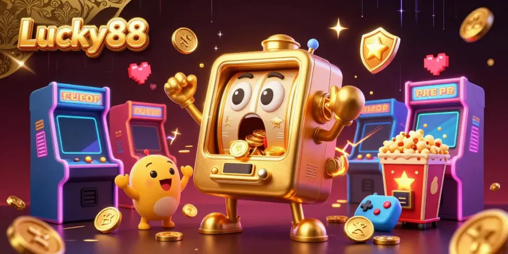 Lucky88 slot machine wins jackpot showering coins while smaller machines cheer, creating an exciting casino atmosphere.