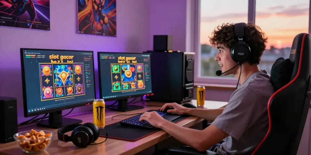Intense player enjoying slot gacor hari ini in a cozy gaming environment with colorful graphics and gaming accessories.