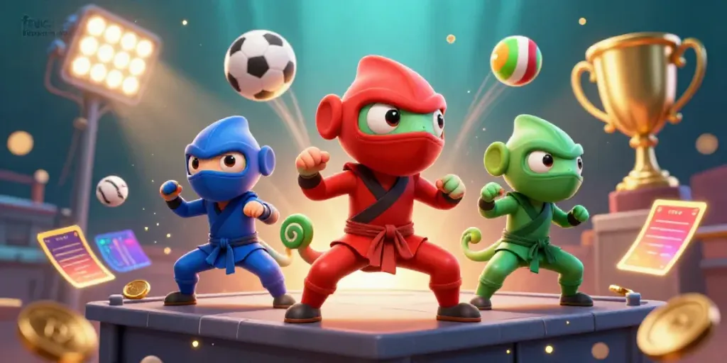 Engaging scene of truc tiep keo nha cai with colorful chameleons celebrating, surrounded by sports elements and dynamic action.
