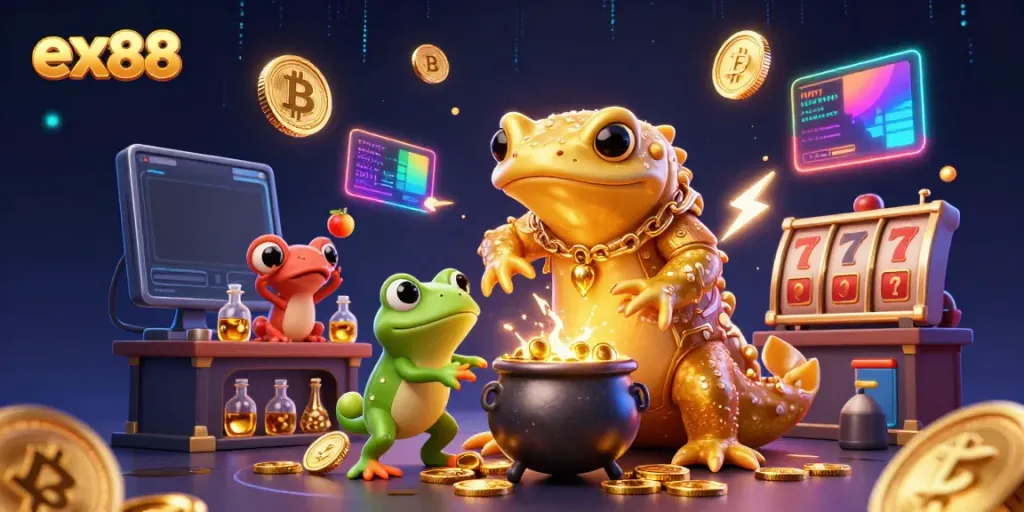 Experience the magic of ex88 through a vibrant scene of a golden salamander alchemist and immersive casino elements.