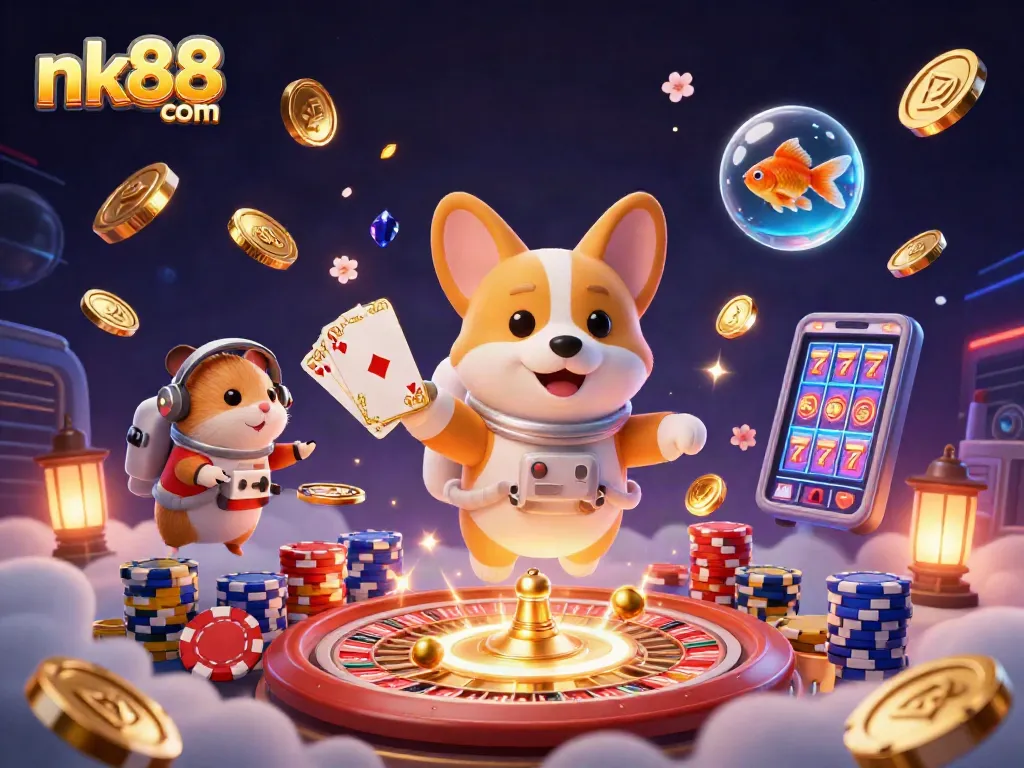 Play and win at nk88 com with a lively casino scene featuring festive characters and dynamic game elements.
